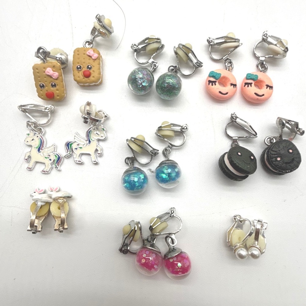 9 Pair Clip On Earrings Lot Kawaii Novelty Food Unicorn Glitter Non Pierced
